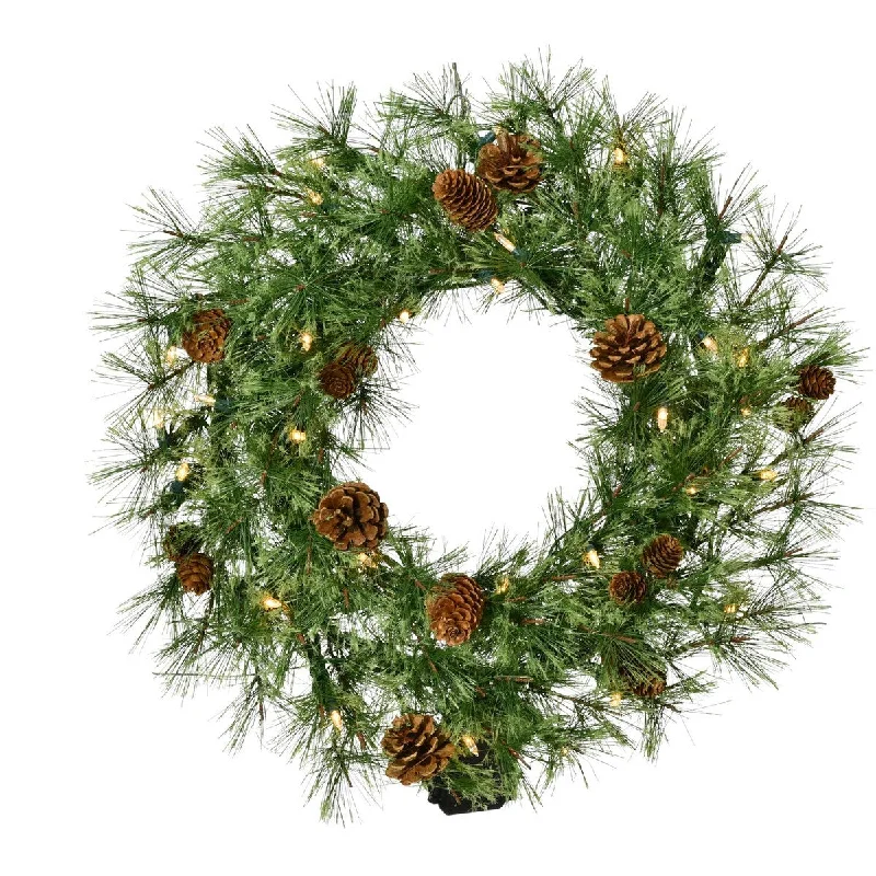 Fraser Hill Farm 24-in Wreath with Pinecones and Warm White LED Lights - Green